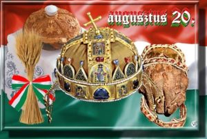 Búzakéve, új kenyér, szent jobb és a magyar korona egy augusztus 20-i plakáton