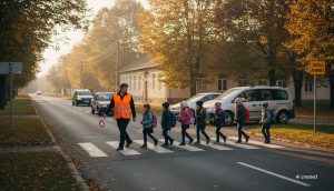 Polgárőr kísér át gyerekeket az iskola előtti gyalogátkelőhelyen