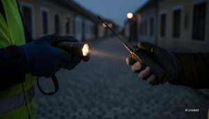 Egy zseblámpa és egy rádió adó-vevő készülék van két polgárőr kezében